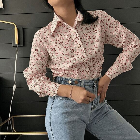 Vintage 1970s floral long sleeve button down blouse pretty secretary medium - Picture 3 of 9